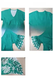 Detailansicht von V-Ausschnitt, Volantärmeln und Blumendrucken auf grünem Sommerkleid