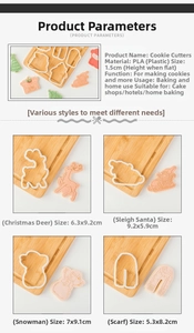 Detailed size chart for Christmas 3D cookie cutters showing reindeer and santa dimensions