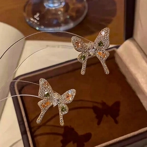 Elegant Butterfly Stud Earrings With Silver Earring Post Copper Colorful Zircon Vintage Style For Women