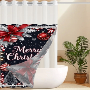 Detail of waterproof Christmas shower curtain with Merry Christmas text and festive patterns