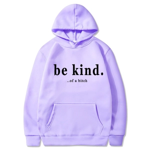 Purple oversized hoodie for men and women featuring be kind letter print and drawstring hood