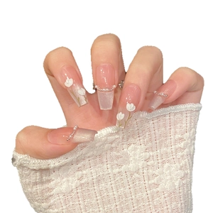 Pink gradient coffin press-on nails with 3D tulip carvings and pearl accents