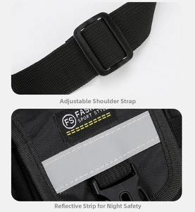 Detail view of adjustable shoulder straps and grey safety reflective strips on tactical vest