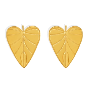 Minimalist gold heart-shaped leaf stud earrings in polished stainless steel for women