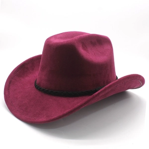 Detail of burgundy suede cowboy hat with black braided band and wide brim