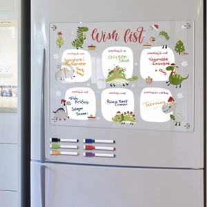 Macro detail of acrylic wish list fridge board with six colorful magnetic markers