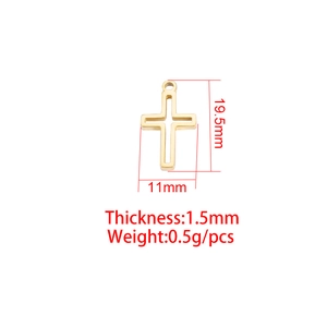 Polished gold hollow cross pendant in stainless steel with detailed dimensions and specs