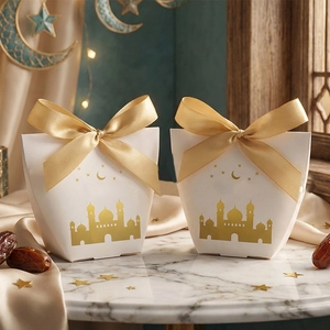 Eid Mubarak gift box in pearl white with gold ribbon and mosque pattern engraving