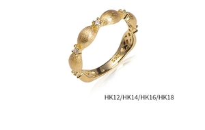 Macro view of S925 sterling silver gold ring with tiny white crystals and size labels