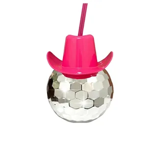 Disco Ball Cup With Cowboy Hat Lid And Straw Plastic Electroplated Reflective Party Drinkware Bachelorette Festival