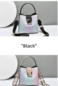 Detail view of colorful gradient bucket bags with woven straps and gold hardware