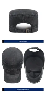Detail view of washed denim flat top cap with adjustable metal buckle and interior