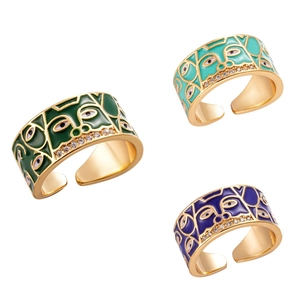 Adjustable 18K gold plated enamel evil eye heart rings with zircon in green and blue
