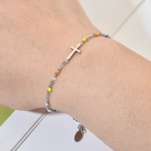 Bohemian silver stainless steel cross bracelet with colorful enamel beads for women