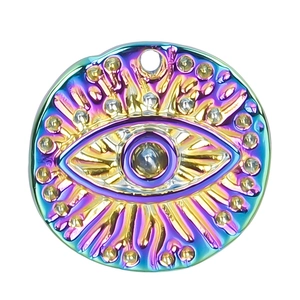 Macro shot of iridescent stainless steel evil eye pendant with 18k gold vacuum plating