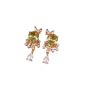 18k gold plated butterfly earrings with yellow oval gem and teardrop diamond pendant