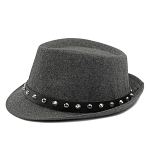 Vintage dark gray wool fedora hat with black leather belt and silver punk metal studs