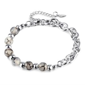 Unisex stainless steel beaded bracelet featuring silver chain and grey agate stones