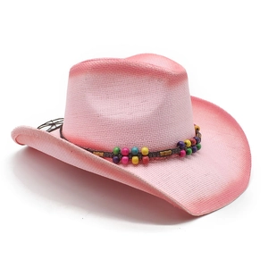 Pink gradient straw cowboy hat with colorful wooden beads and bohemian woven band