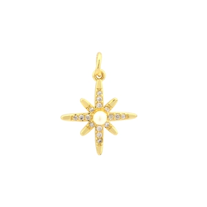 Close-up of 18K gold plated North Star pendant with central pearl and zircon accents