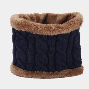 Navy cable knit winter neck warmer with thick brown faux fleece lining for cold weather