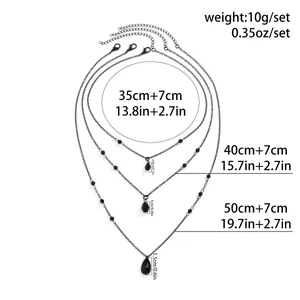 Size chart for black triple-layer choker set with waterdrop pendants and measurements