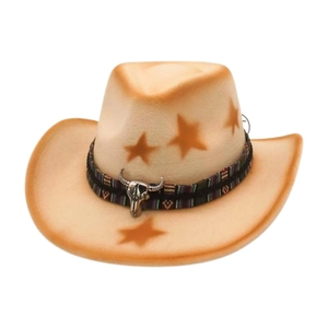 Khaki wool felt cowboy hat with star patterns and ethnic band featuring bull skull