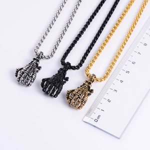 Gothic skull hand pendant necklace in antique silver, black, and gold finishes