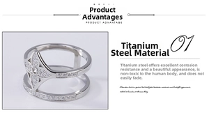Detail of silver double-layered titanium steel ring with sparkling star-shaped design