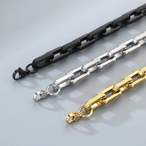 Industrial style men's stainless steel gear chain bracelets in black silver and gold