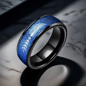 Men's titanium steel ring with blue rime texture inlay and arrow design motif