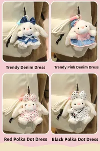 Detail of four cute plush bunny keychains with different floral and denim dress styles