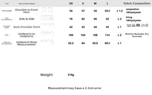 Size guide for women's faux fur vest showing measurements and fabric care instructions