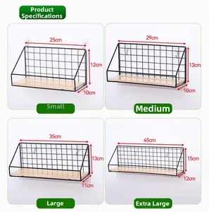 Size chart for iron wall shelves showing dimensions of small to extra large units