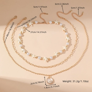 Detailed size chart for golden layered necklace with starfish and pearl shell charms