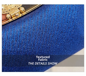 Close-up of blue sequin fabric and golden ball lock detail on evening clutch bag