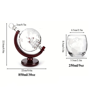 Detailed dimensions of 850ml etched globe decanter set with wooden stand and glass