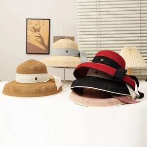 Women Wide Brim Straw Hat French Hepburn Style Summer Beach Sun Protection Ribbon Bow Decoration Elegant Breathable Sunshade