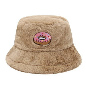 Cute brown plush bucket hat with donut embroidery for winter warmth and fashion