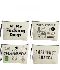 Detailed view of four canvas organizers for medicine, hair accessories, and cables