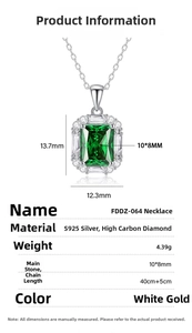 Detailed spec sheet showing S925 silver necklace with 10x8mm emerald cut emerald stone