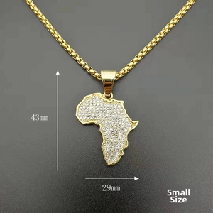Detail view of small gold plated Africa map pendant with crystals 43mm by 29mm