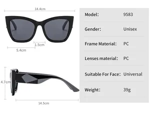 Detailed size chart for butterfly cat eye sunglasses showing frame width and lens height