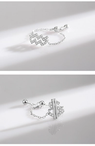Macro shot of silver chain rings with dollar sign and wave pendants set with zircons