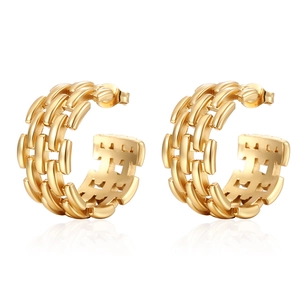 Polished gold-plated braided chain hoop earrings with a textured geometric design