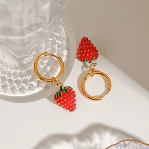 Minimalist gold hoop earrings with 3D red strawberry charms for women, stainless steel jewelry