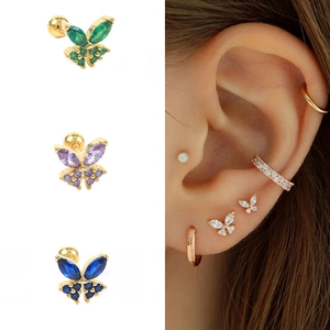 S925 sterling silver butterfly screw stud earrings with marquise emerald and amethyst zircon