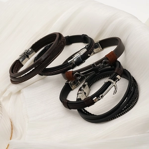 Multi-layer leather anchor and cross bracelets with 316L stainless steel for men