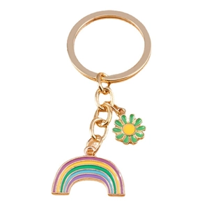 Rainbow and daisy floral enamel keychain with gold metal ring for bags and accessories