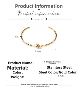 Detailed size specifications of a 3mm gold heart knot stainless steel C-shaped bangle